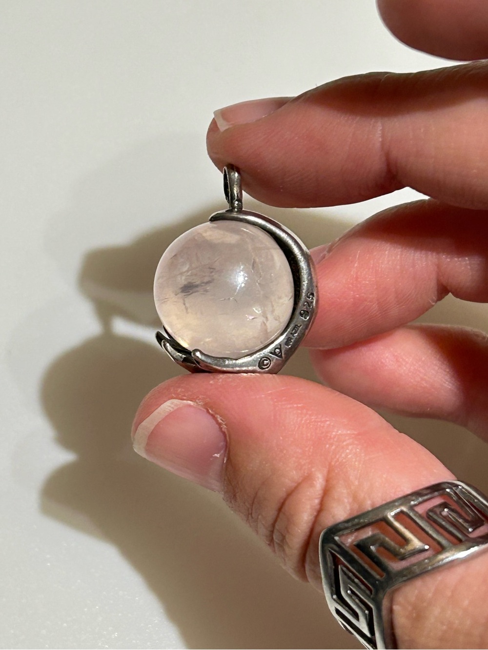 925 Sterling Silver Brazil Rose Quartz Orb Pendant